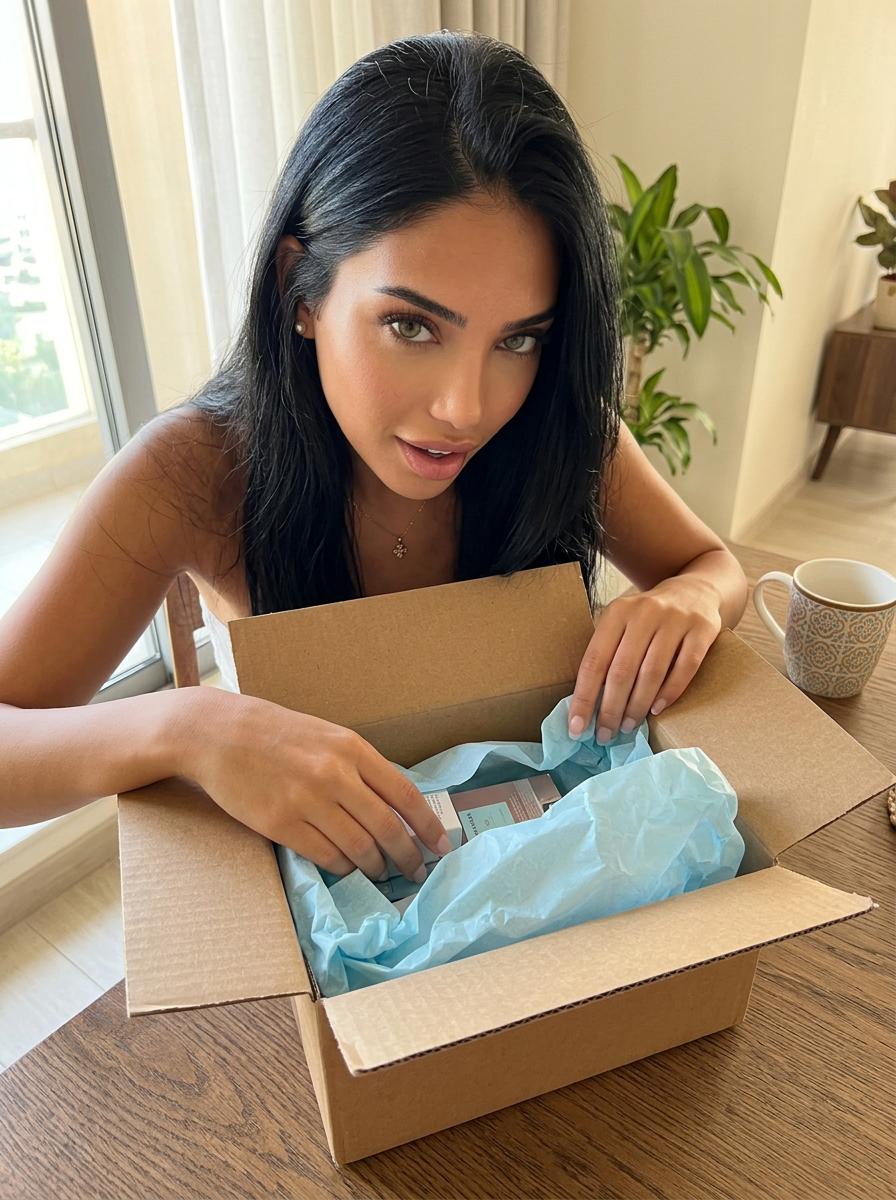 Same AI creator unboxing a product at a wooden table