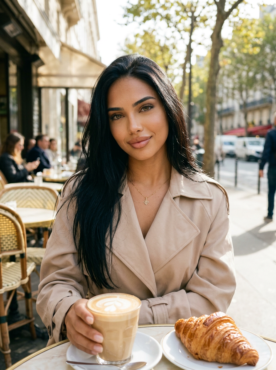 Same AI creator with a latte at a café window