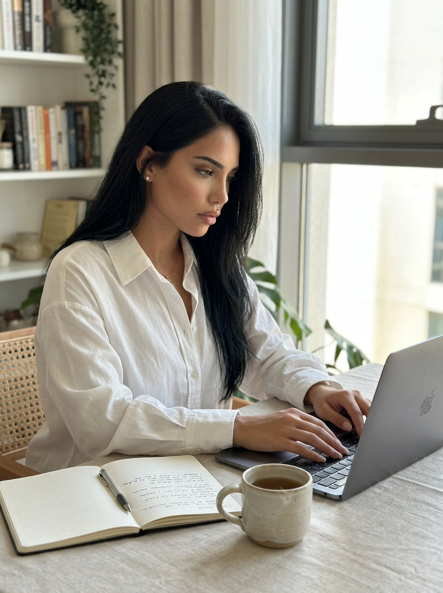 Same AI creator working at a tidy desk