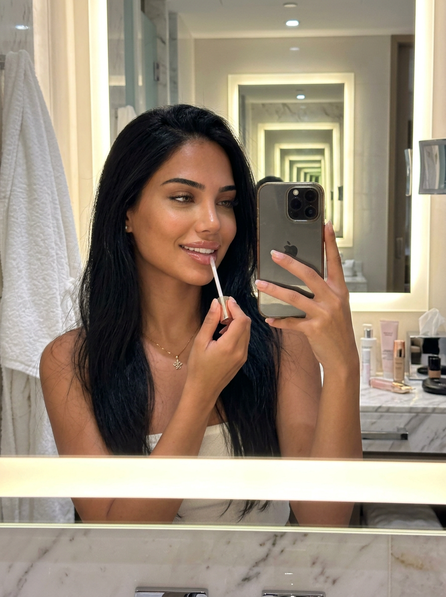 Same AI creator at a vanity mid-skincare routine