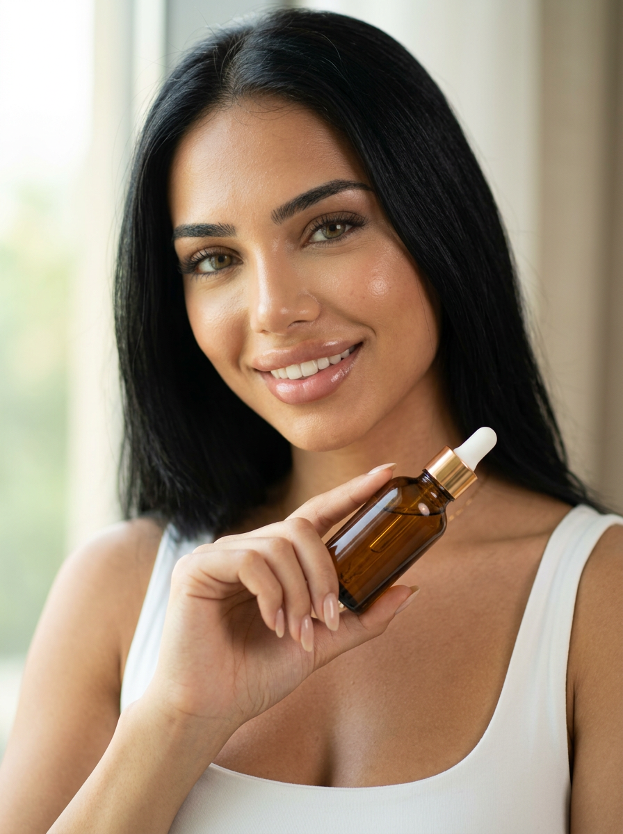 Same AI creator holding a skincare bottle for the camera